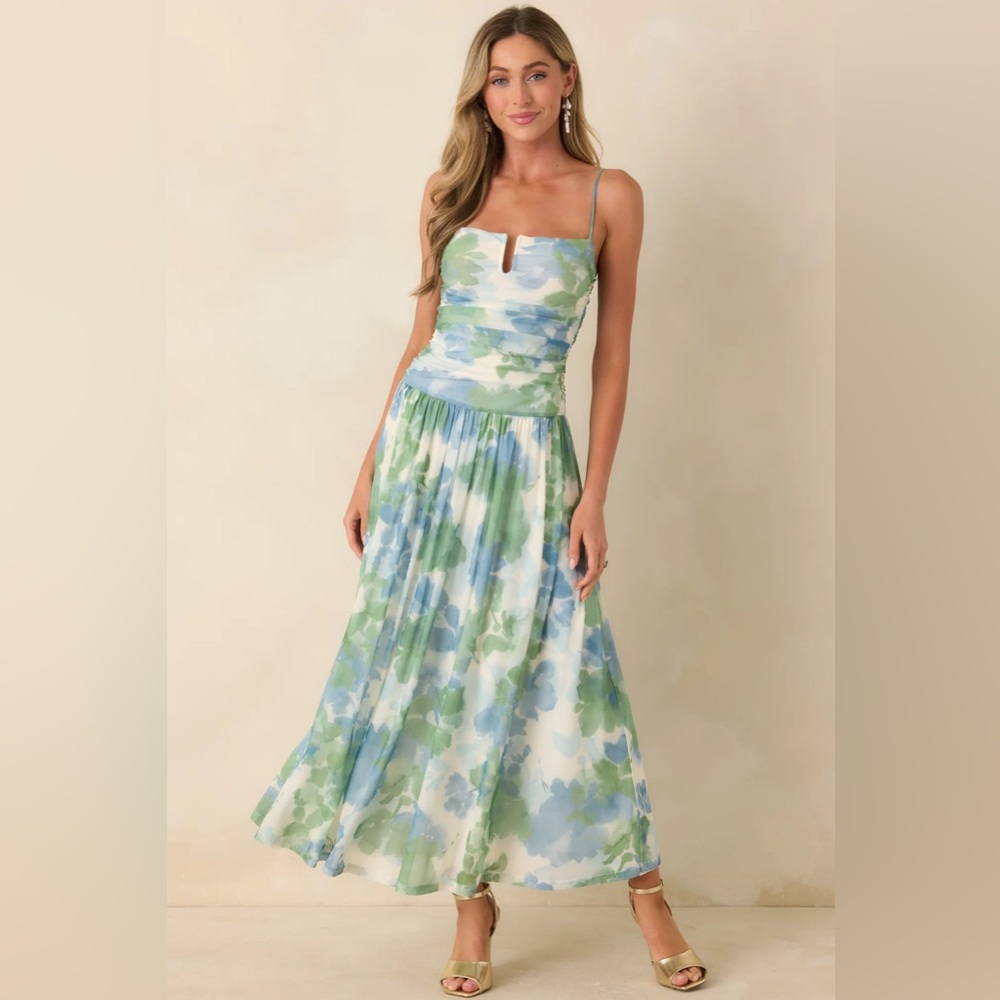 Floral Watercolor Maxi Dress in Blue & Green